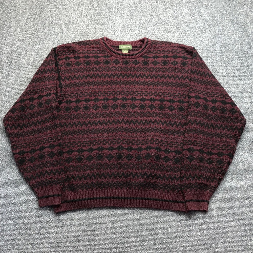 Vintage  Mens Large Burgundy Black Geometric Fair Isle Cotton Blend Sweater L
